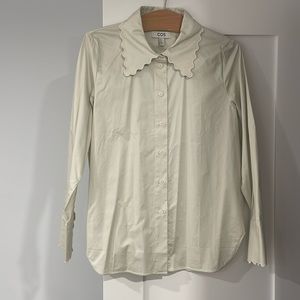 COS button down shirt with scalloped-edged collar and cuffs, off white, size 10